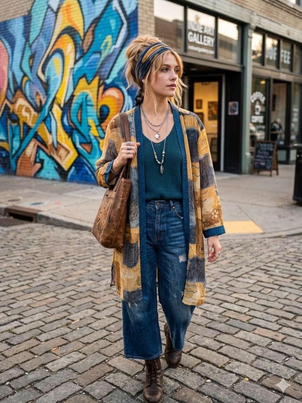 Patchwork Open-Front Cardigan in Mustard & Gray